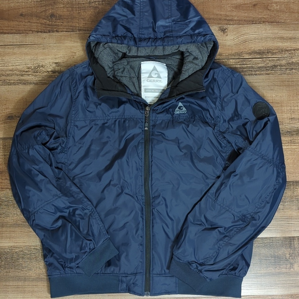 Gerry Hooded Bomber Jacket Polyfill Insulation Nylon Shell Navy Blue Size Large